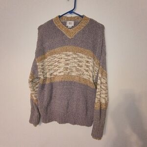 BDG Men's Lavender and Gold Striped V-Neck Sweater